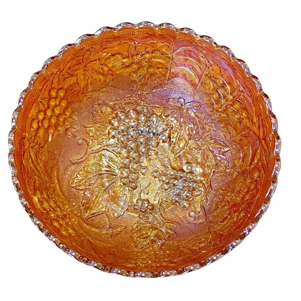 Vtg Imperial Grape Pattern Carnival Glass Bowl Marigold Iridescent Leaves 8.75